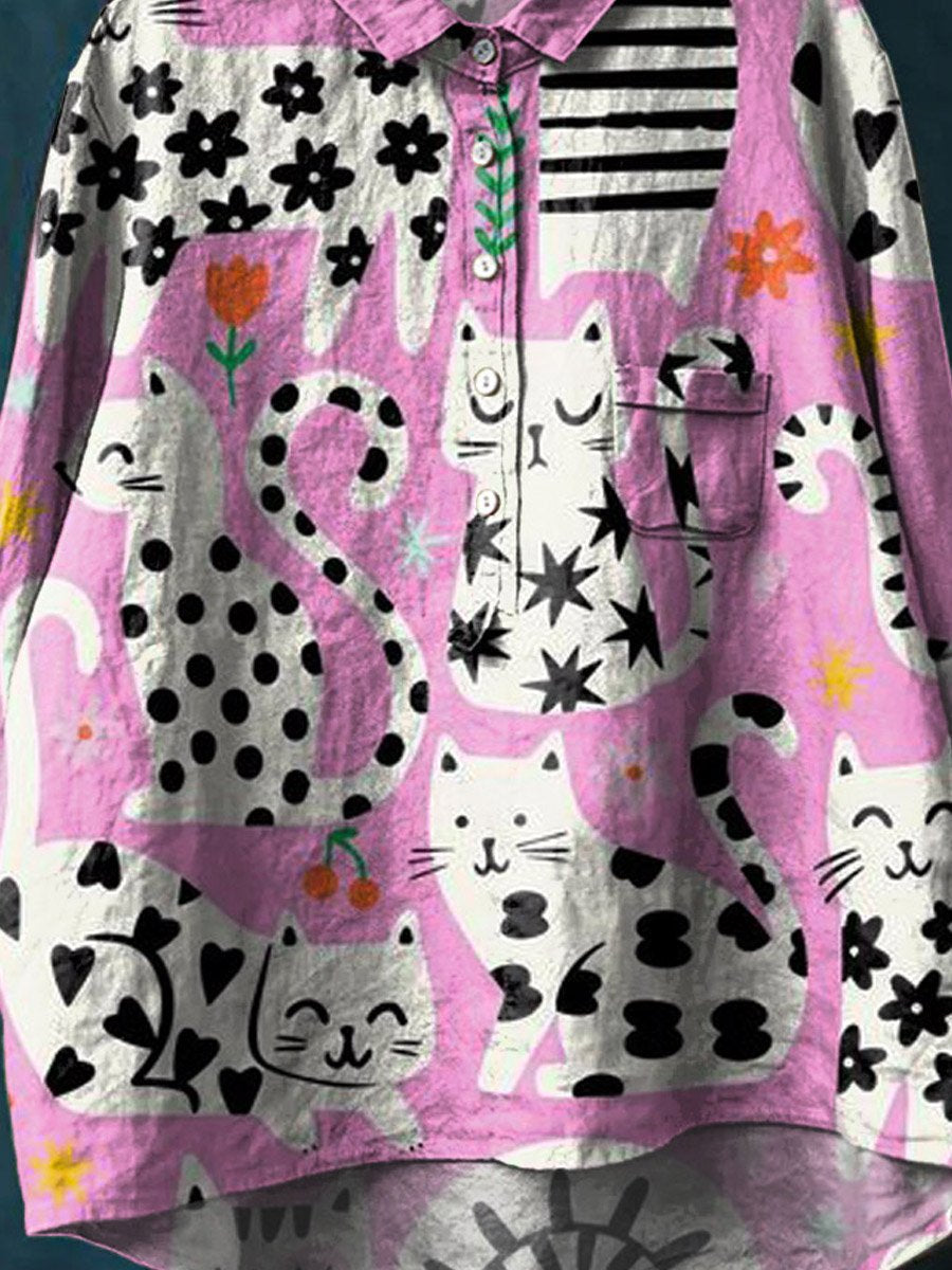 Vintage Lovely Cat Floral Art Print Casual Cotton And Linen Shirt