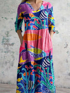 Women's V-neck Underwater World Pattern  Cotton and Linen Dress With Pockets