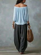 Light Blue Off-shoulder Top And Dark Gray Loose-fitting Lantern Pants Suit