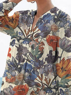 Vintage Style Floral Bouquet Pattern Printed Women's Casual Linen V-neck Shirt