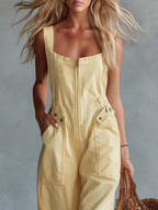 Casual Yellow Square-Neck Jumpsuit with Front Zipper