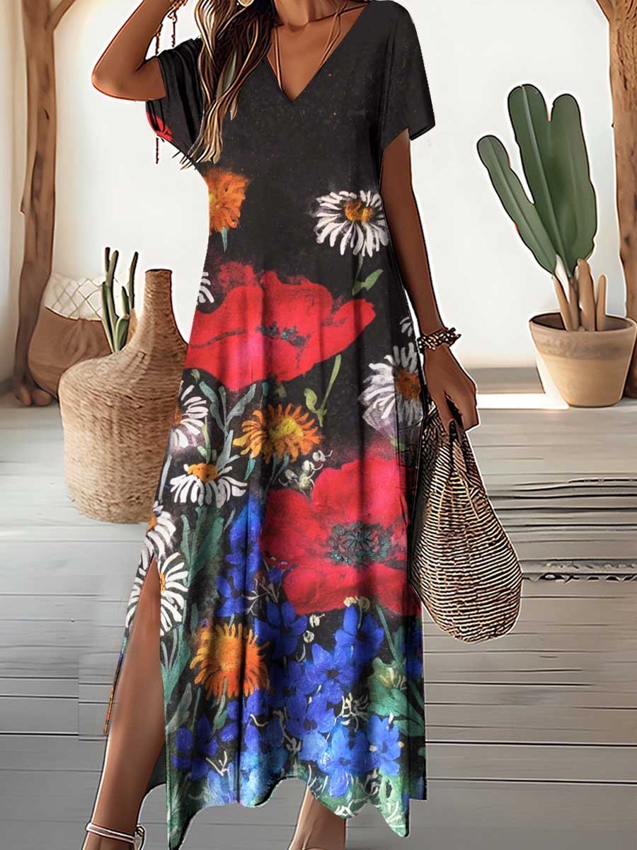 Women's V-Neck Poppy Flower Pattern Seaside Resort Style Dress