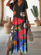 Women's V-Neck Poppy Flower Pattern Seaside Resort Style Dress