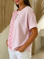 Artistic Polka Dot & Stripe Cotton-linen Henley Blouse