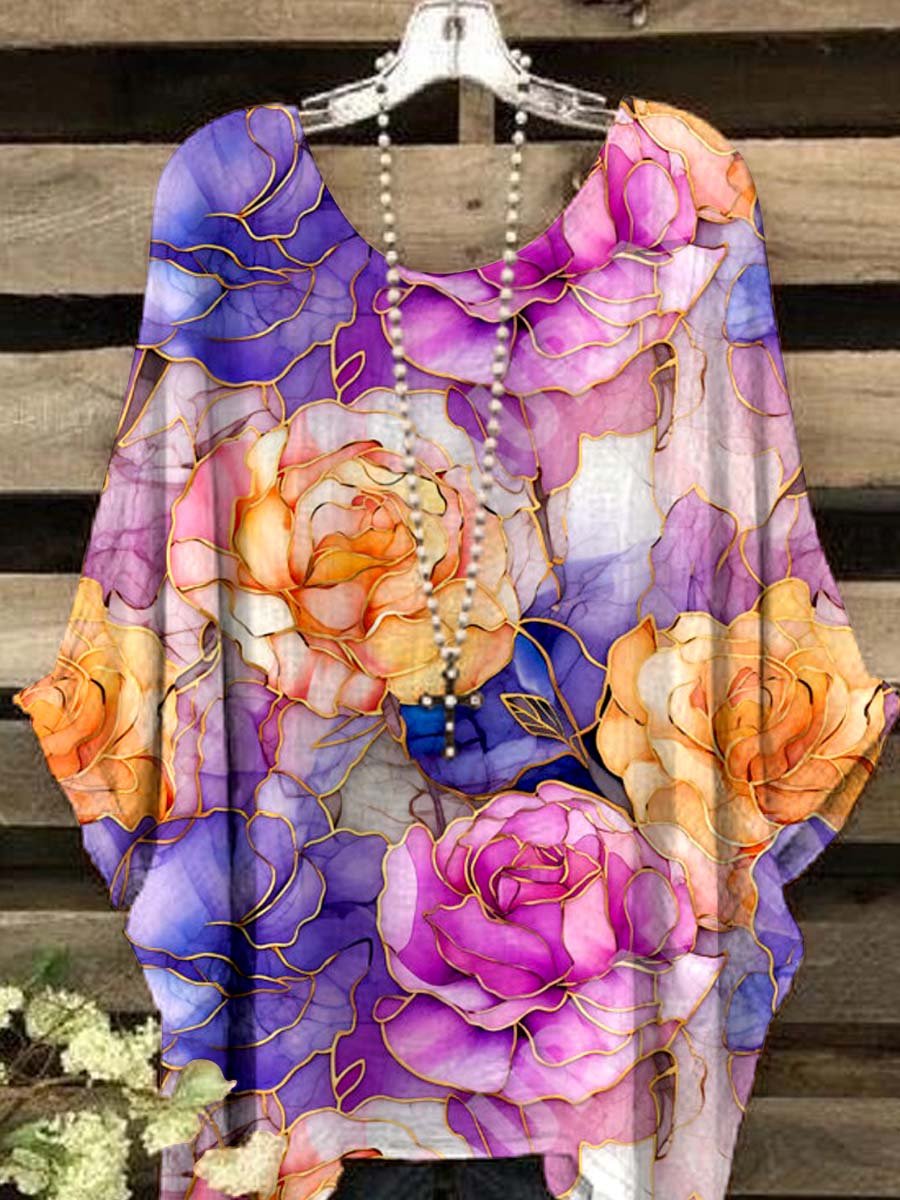 Women's V-neck Floral Cotton And Linen Top