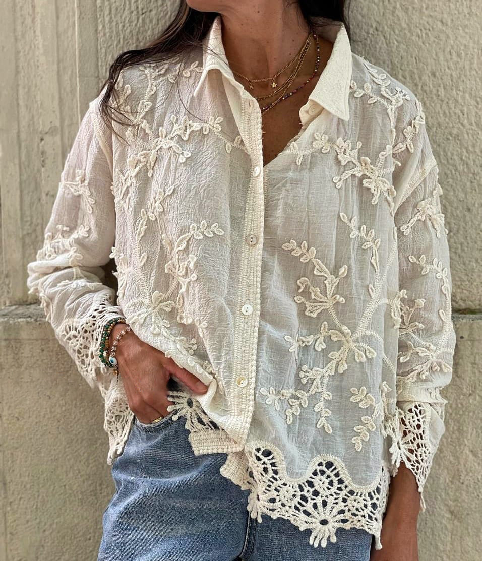 Cotton and linen collared 3D embroidered shirt