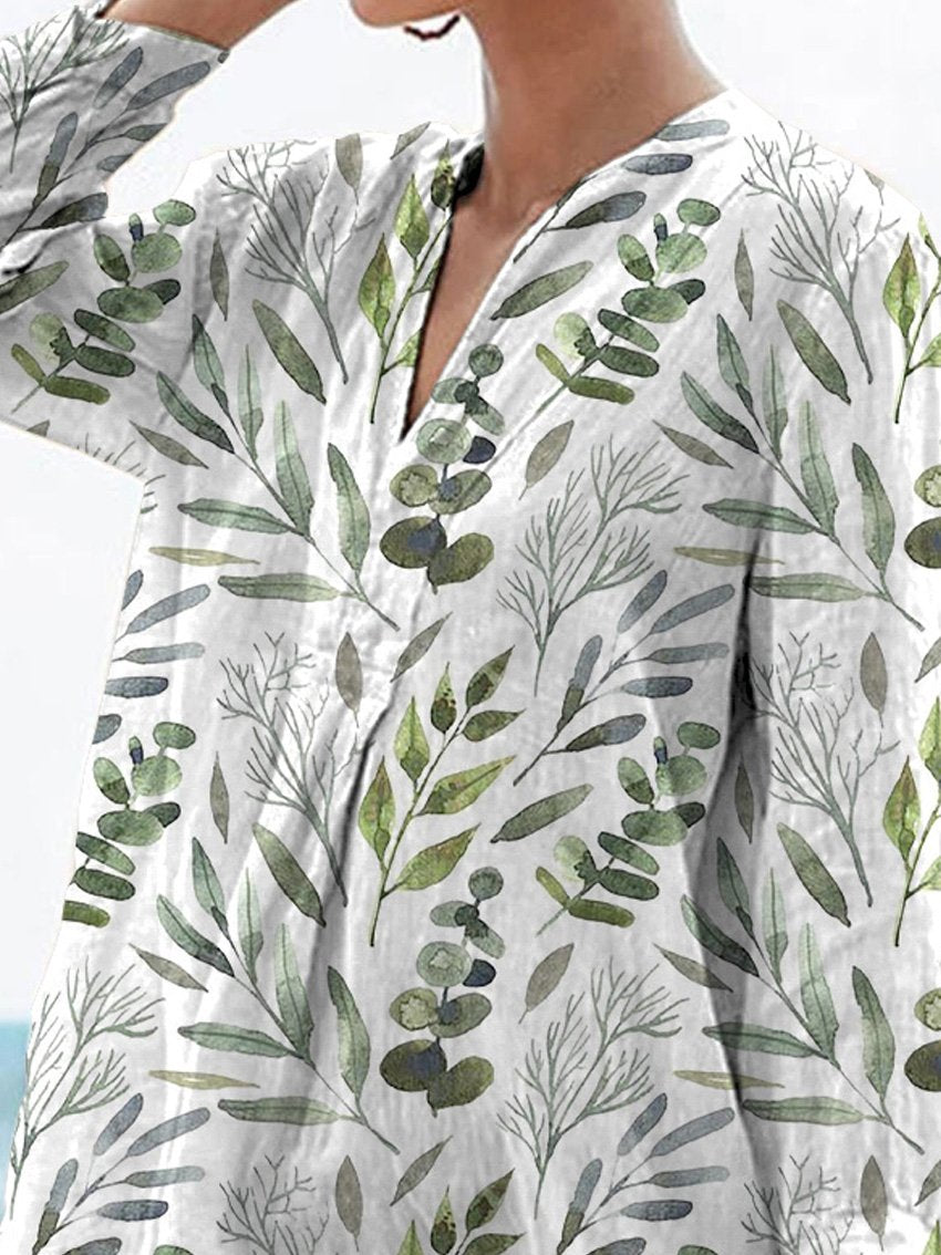Watercolor Spring Lawn Pattern Printed Women's Casual Linen V-neck Shirt