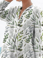 Watercolor Spring Lawn Pattern Printed Women's Casual Linen V-neck Shirt