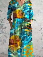 Women's V-neck Underwater World Seaweed Cotton And Linen Dress With Pockets