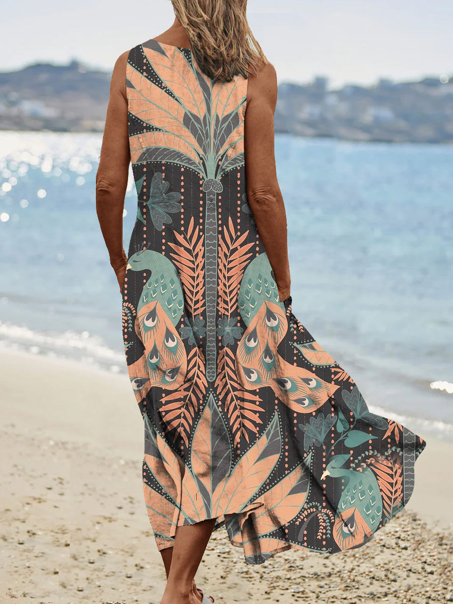 Women's Vintage Coconut Peacock Pattern Round Neck Dress