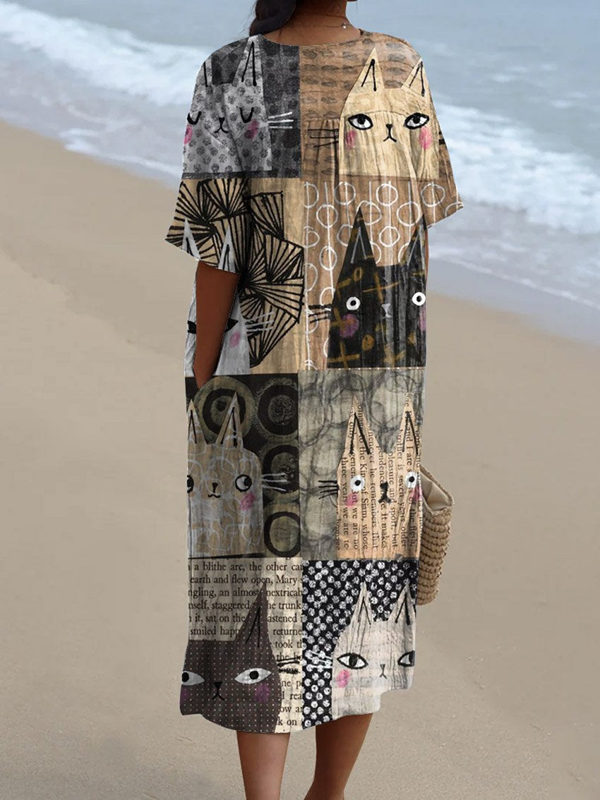 Women's Vintage Lovely Cats Art Print Flowy Dress
