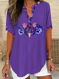 Women's Pansy Print V-Neck Loose Short Sleeve Shirt