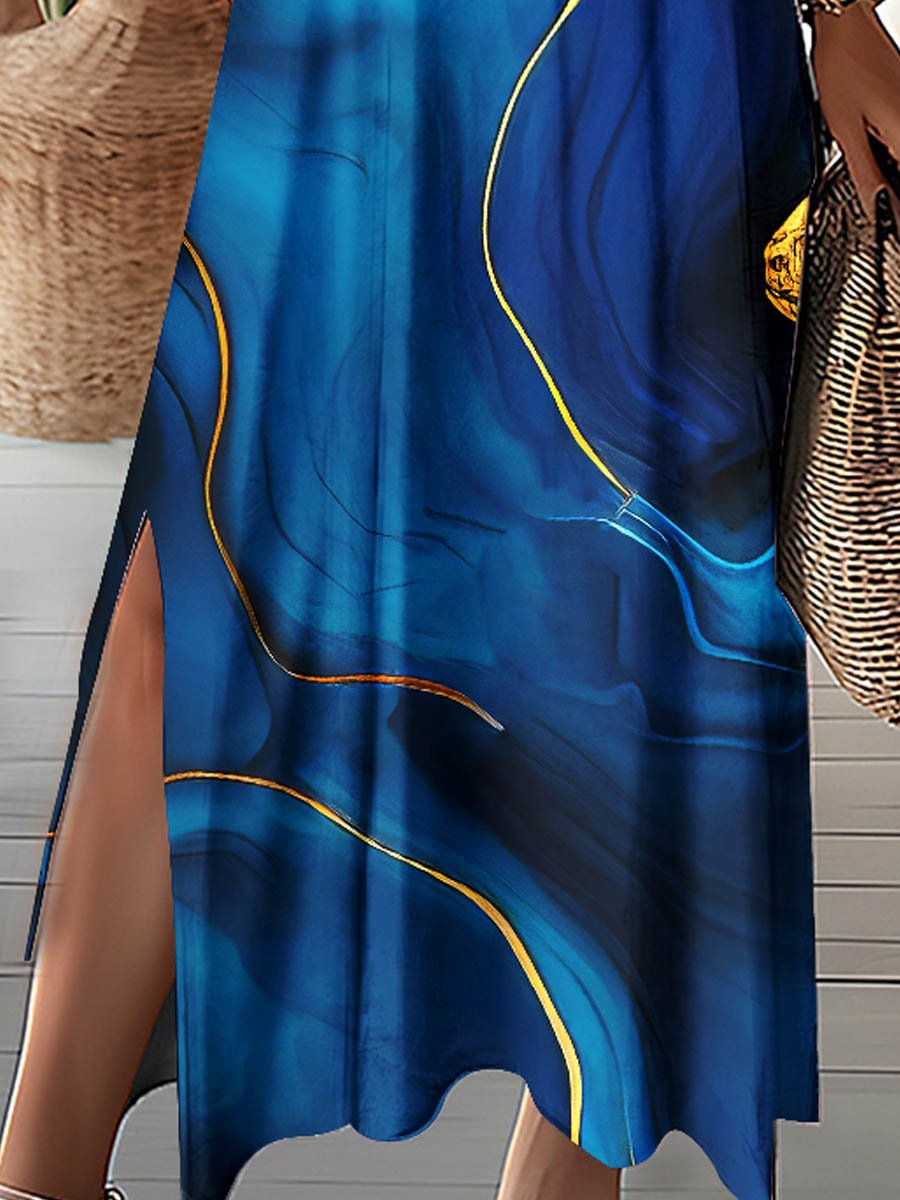 Women's Floral Alcohol Ink Art Print Pocket V Neck Long Dress Maxi Dress
