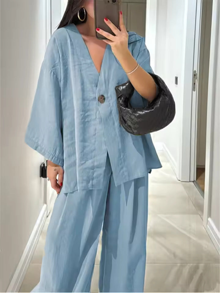 Casual V-neck loose long-sleeved top high waist trousers two-piece suit