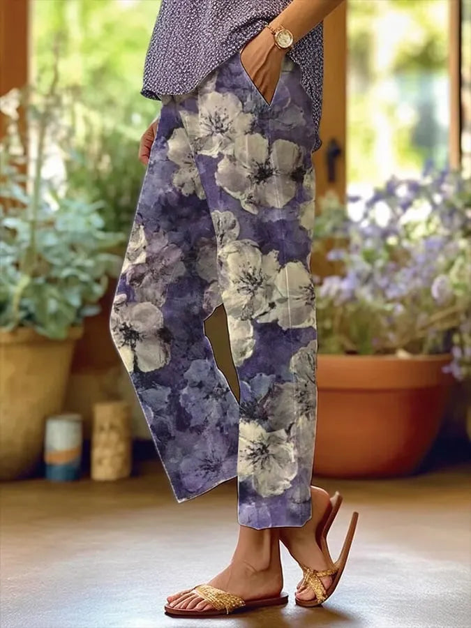 Women's Retro Purple Small Floral Flowers Print Pockets Casual Pants