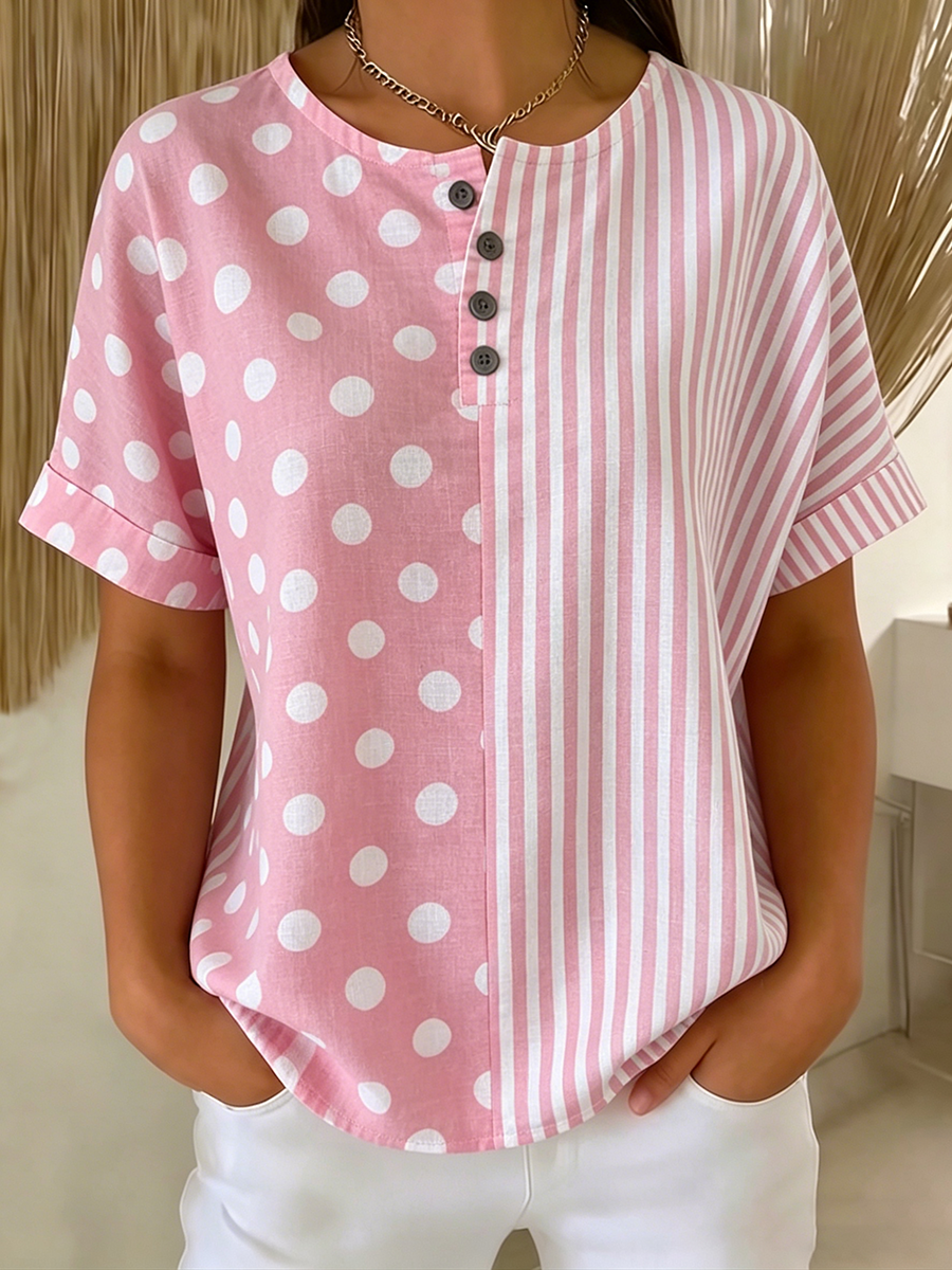 Artistic Polka Dot & Stripe Cotton-linen Henley Blouse