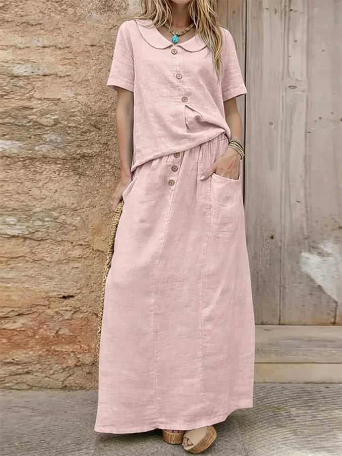 Women'S Casual Solid Color Cotton And Linen Loose Dress Two-Piece Set