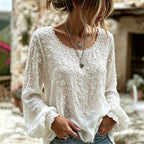 Women's White Cherry Blossom Embroidered Art Crew Neck Long Sleeve Linen Blend T-shirt