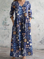 Women's Elegant Vintage Floral Pattern Cotton Dress With Pockets