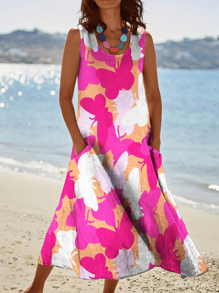 Women's Vintage Pink Butterfly Pattern Round Neck Dress