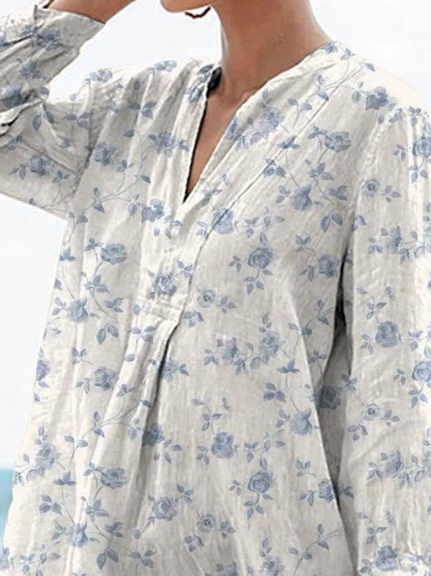 Small Blue Rose Floral Pattern Printed Women's Casual Linen V-Neck Shirt