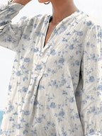 Small Blue Rose Floral Pattern Printed Women's Casual Linen V-Neck Shirt