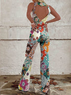 Women's Retro Back Hollow Flower Print Casual Cow Jumpsuit