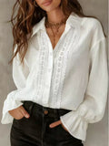 Women'S Solid Color Lapel Single-Breasted Shirt With Lace Splicing