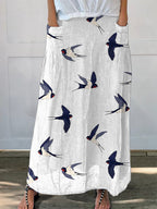 Flying Swallow Repeat Pattern Printed Women's Linen Pocket Skirt