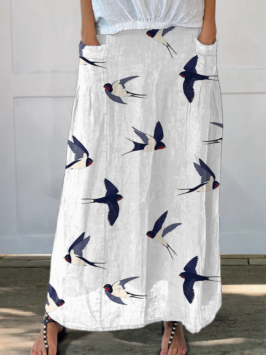Flying Swallow Repeat Pattern Printed Women's Linen Pocket Skirt