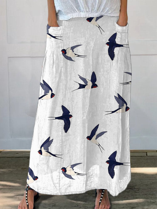 Flying Swallow Repeat Pattern Printed Women's Linen Pocket Skirt