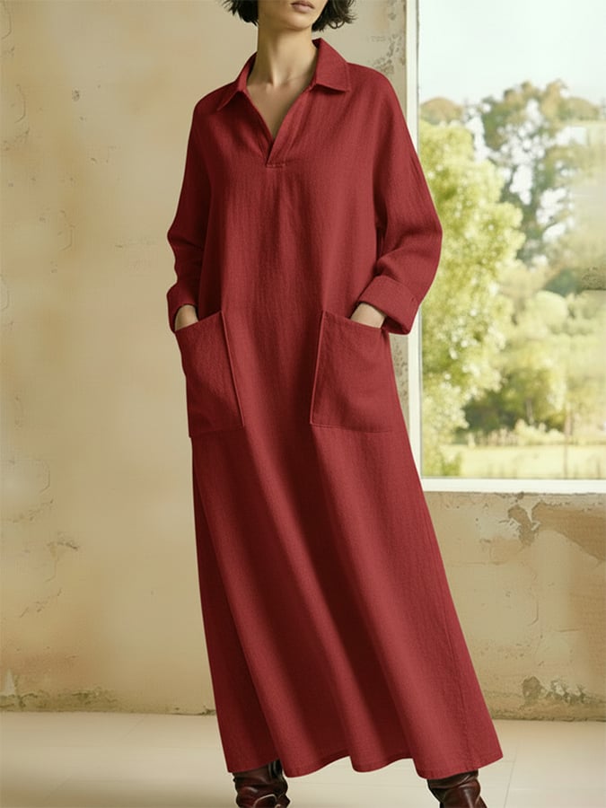 Women'S Casual Lapel Loose-Fitting Long-Sleeved Dress With Pockets