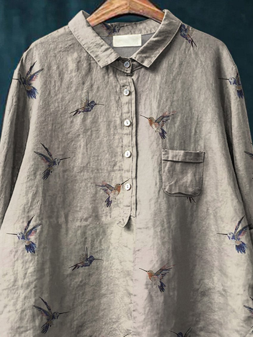 Simple Hummingbird Repeat Pattern Printed Women's Casual Cotton And Linen Shirt