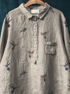 Simple Hummingbird Repeat Pattern Printed Women's Casual Cotton And Linen Shirt