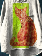 Vintage Funny Cat Art Print Casual Cotton And Linen Shirt