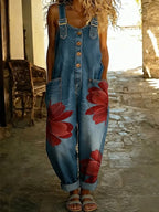 Women's Casual Brushstroke Floral Print Denim Jumpsuit With Adjustable Buckle