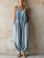 Retro Casual Washed Denim Jumpsuit