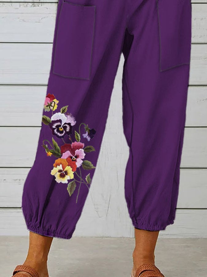 Women's Purple Pansy Floral Print Casual Pants