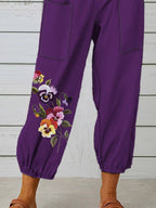 Women's Purple Pansy Floral Print Casual Pants
