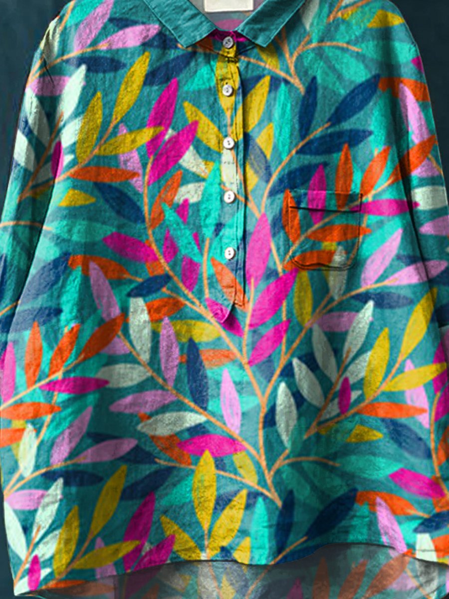 Women's Watercolor Flowers Floral Art Print Casual Cotton And Linen Shirt