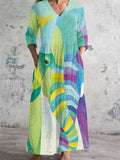 Women's V Neck Elephant Abstract Art Cotton and Linen Pocket Dress