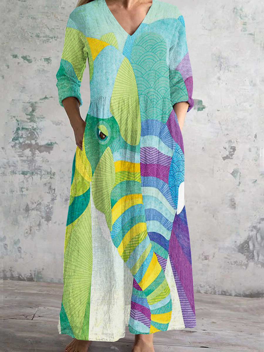 Women's V Neck Elephant Abstract Art Cotton and Linen Pocket Dress