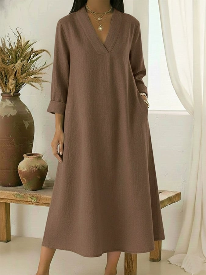 Women'S Casual V-Neck Loose-Fitting Long Cotton And Linen Dress
