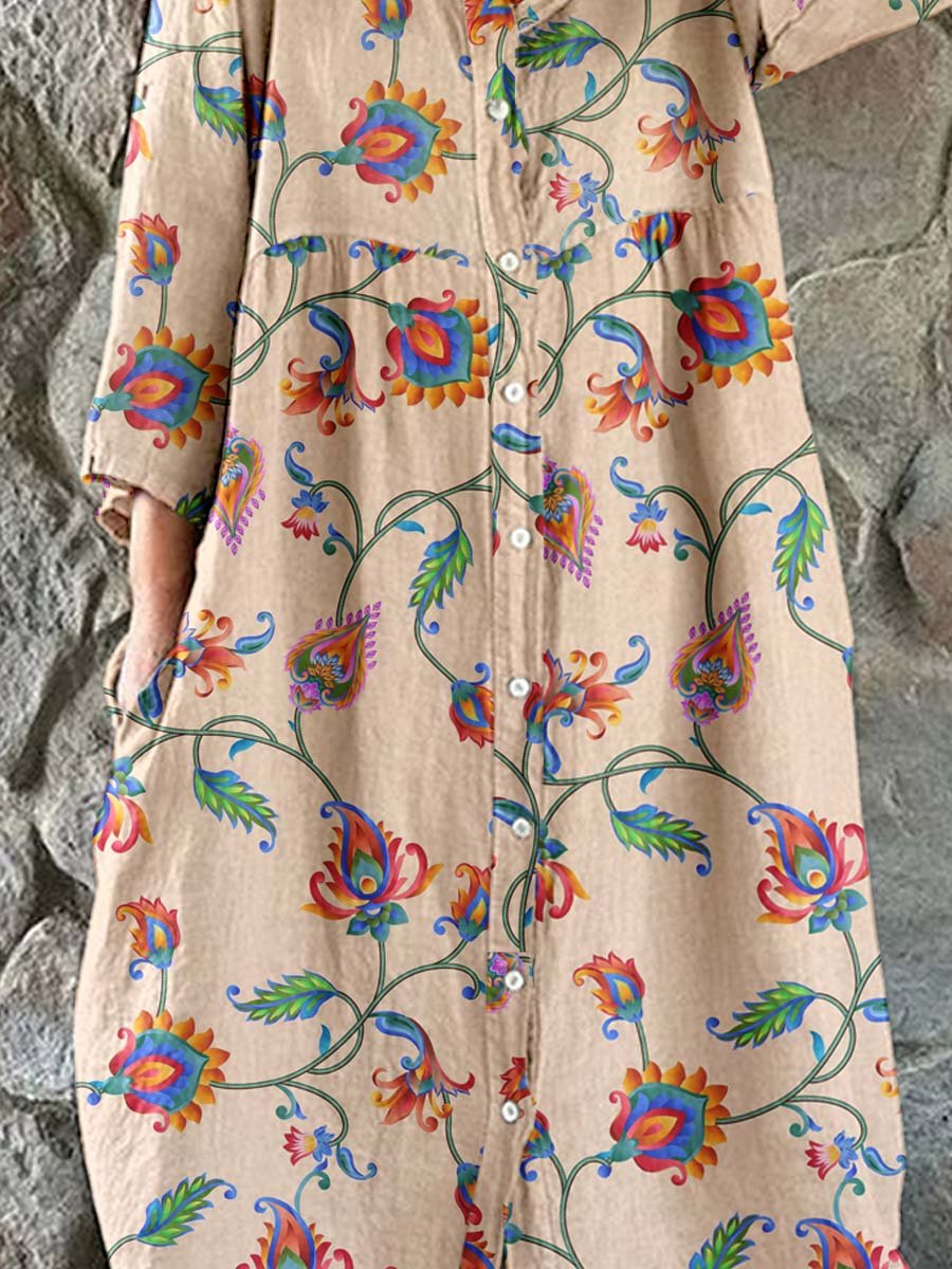 Women's Elegant Vintage Floral Pattern Shirt Style Cotton and Linen Dress