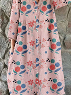 Women's Elegant Floral Print Cotton and Linen Shirt Dress
