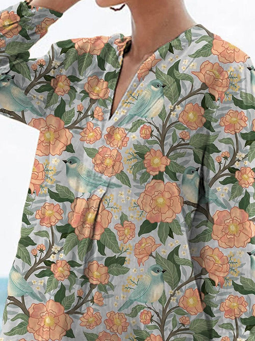 Birds And Spring Floral Bush Pattern Printed Women's Casual Linen V-neck Shirt