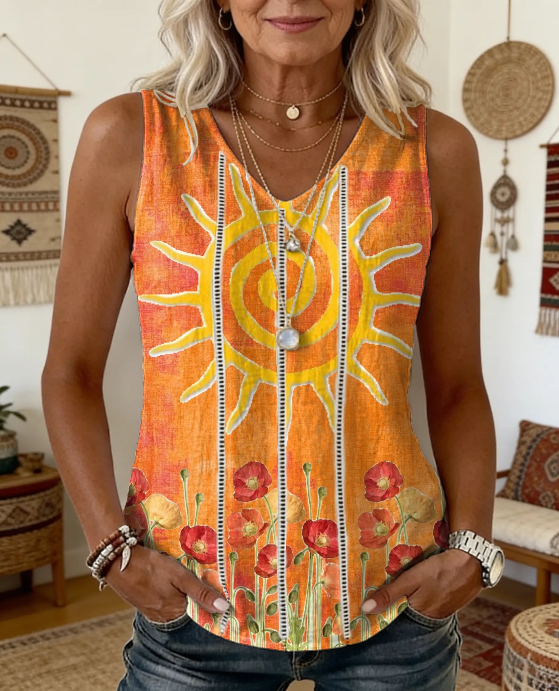 Women's Sleeveless V-neck Cotton-linen Blouse With Floral Art Print And Openwork Design