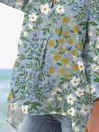 Women's Vintage Lovely Floral Art Print Casual Linen V-neck Shirt