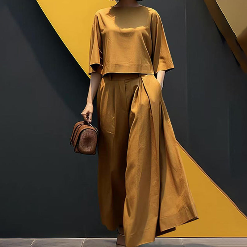 Women's Casual Round Neck 3/4 Sleeve T-Shirt & Loose Pants 2-Piece Set