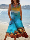 Women's Vintage Abstract Seascape Pattern Round Neck Dress